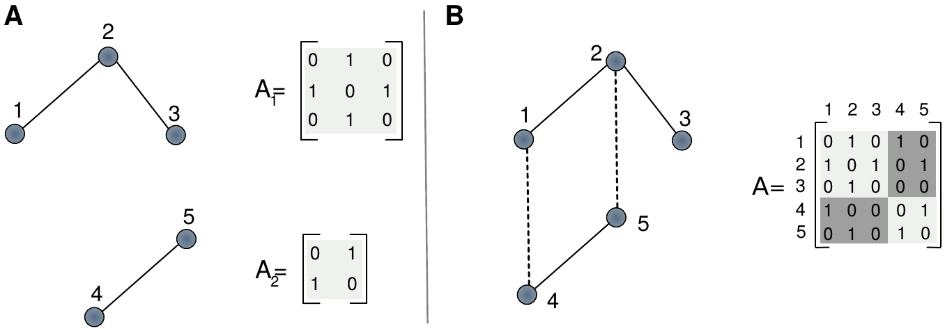 **Schematic representation of multilayer networks.** A) Two independent graphs with their respective adjacency matrices. B) A multilayer network made of both networks with its supra-adjacency matrix.